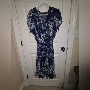 J.B.S. Blue and White Sheath Dress with Flutter Sleeves V-neck